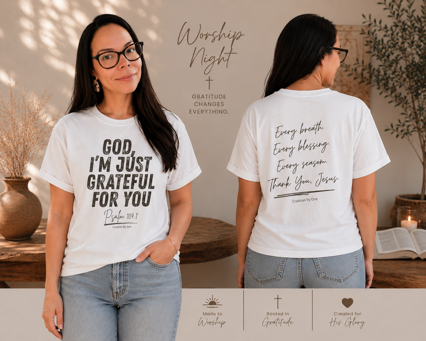 Woman wearing a white t-shirt with a motivational quote, standing in a home setting.