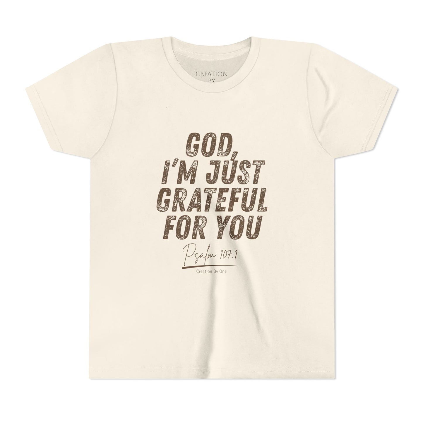 Beige t-shirt with text 'God, I'm just grateful for you' on a white background