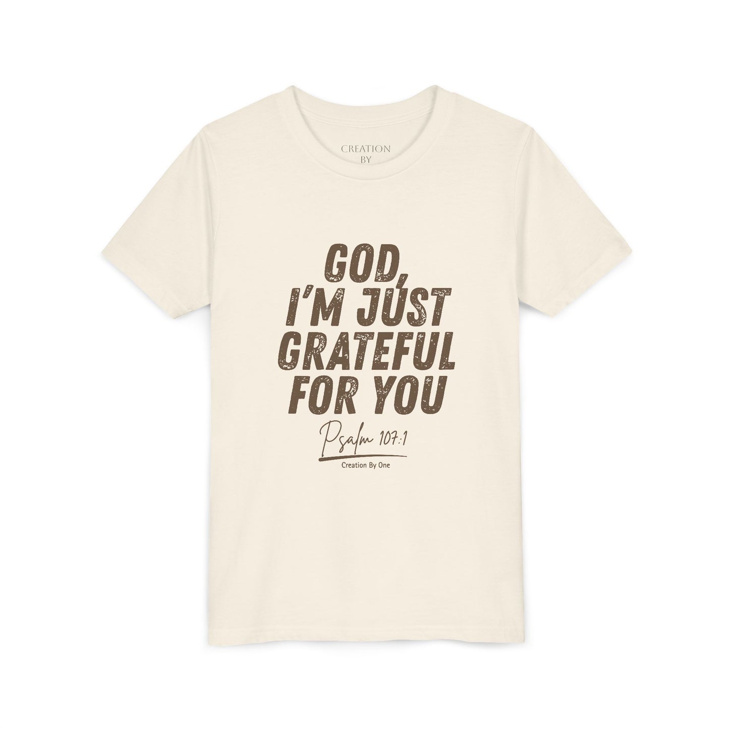 Beige t-shirt with text 'God, I'm just grateful for you' on a white background