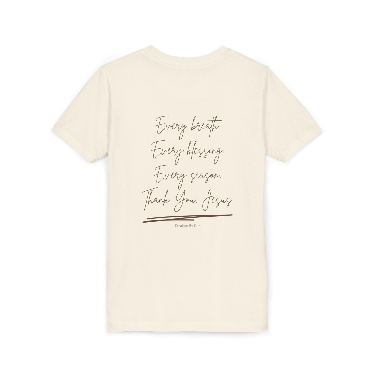 Beige t-shirt with inspirational text on a white background