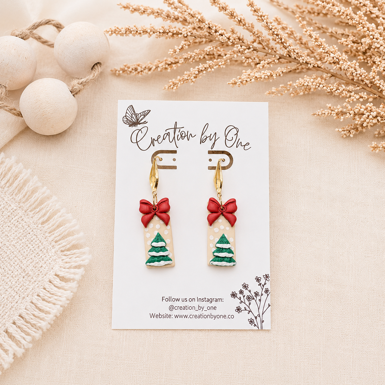 Handmade Bow earrings with a Christmas tree and a red bow, 14K gold plated hook.