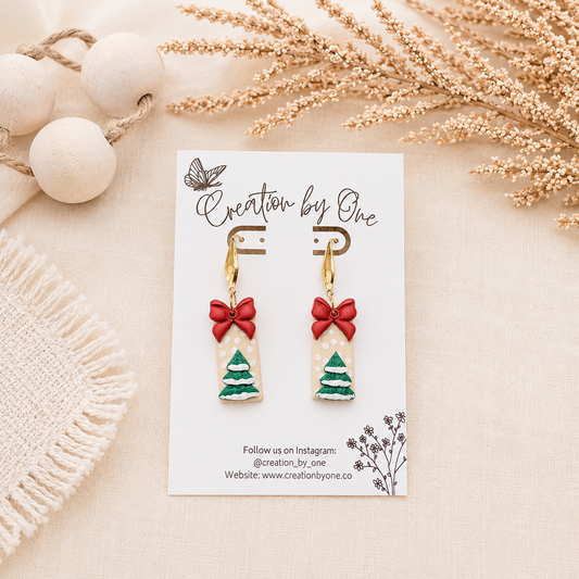 Handmade Bow earrings with a Christmas tree and a red bow, 14K gold plated hook.