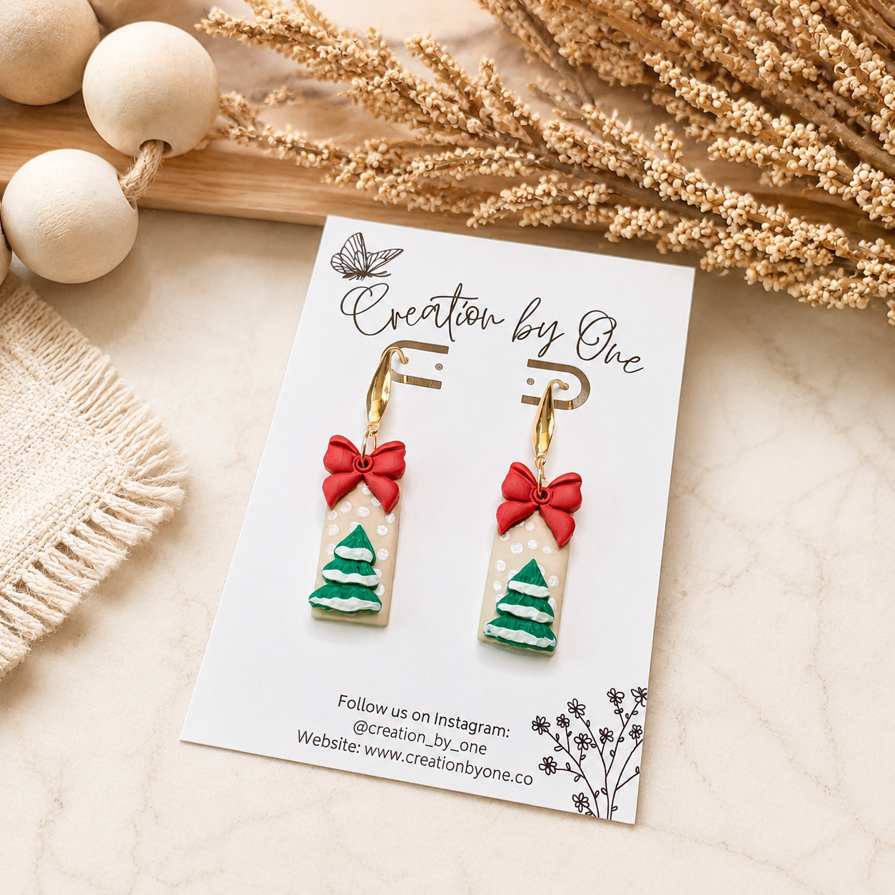 Handmade Bow earrings with a Christmas tree and a red bow, 14K gold plated hook.
