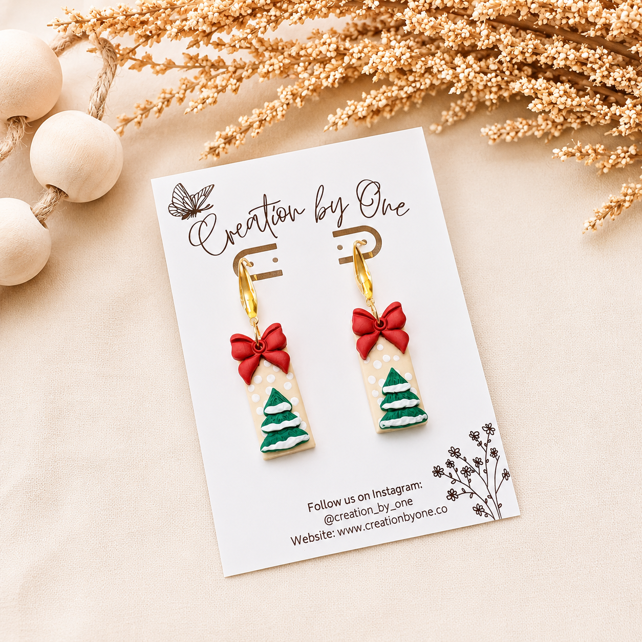 Handmade Bow earrings with a Christmas tree and a red bow, 14K gold plated hook.