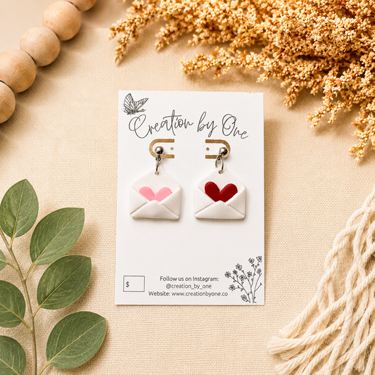 Handmade envelope heart dangle earrings displayed on a Creation by One jewelry card, styled on a neutral linen background with dried florals and natural wood beads in a modern boho flat lay. Perfect Valentine’s Day gift jewelry.