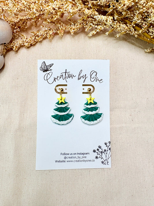 Handmade polymer clay Christmas tree earrings with star and snow on 14K gold-plated studs