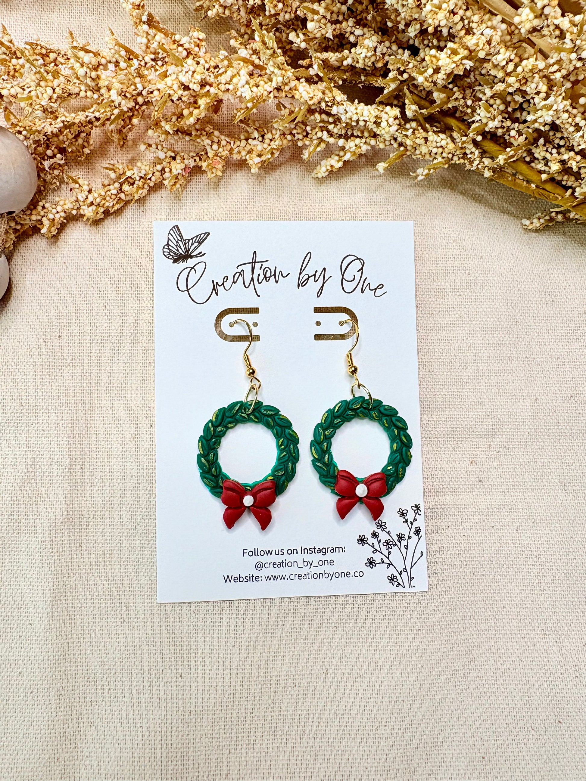 Handmade polymer clay Christmas wreath earrings with bow on 14K gold-plated hooks