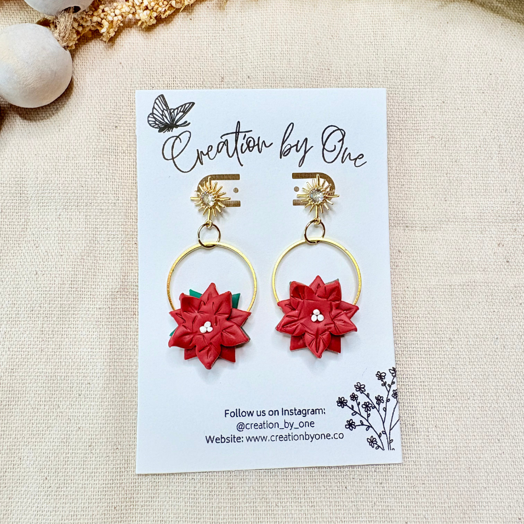 Handmade polymer clay poinsettia Christmas earrings with 14K gold-plated ring