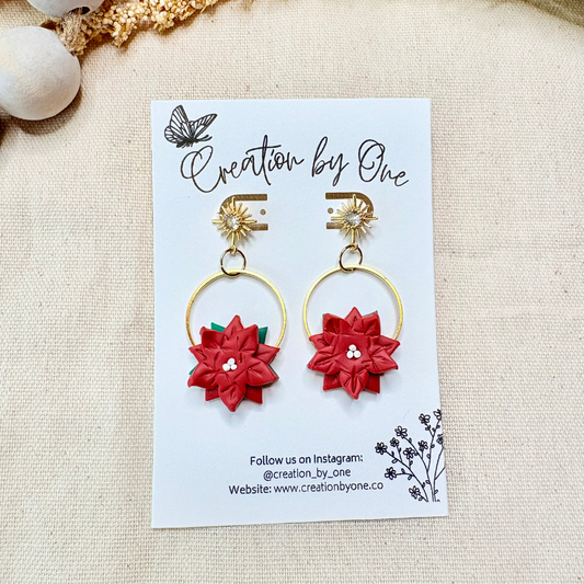 Handmade polymer clay poinsettia Christmas earrings with 14K gold-plated ring