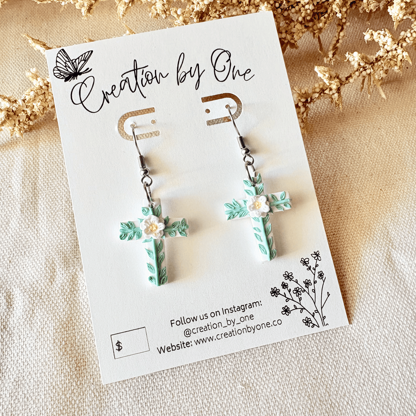 Cross Earrings with Green Vines and White Flower – Surgical Steel Hooks (Handmade Faith Earrings)