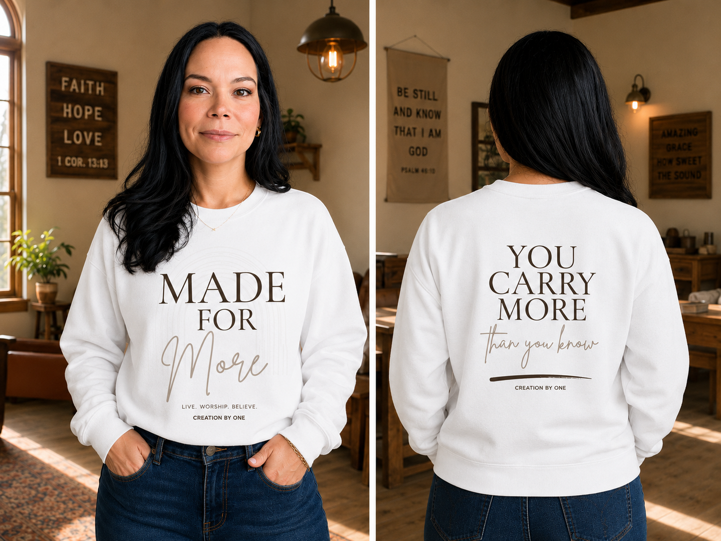 Woman wearing a white sweatshirt with text on the front and back, standing in a room with decor.