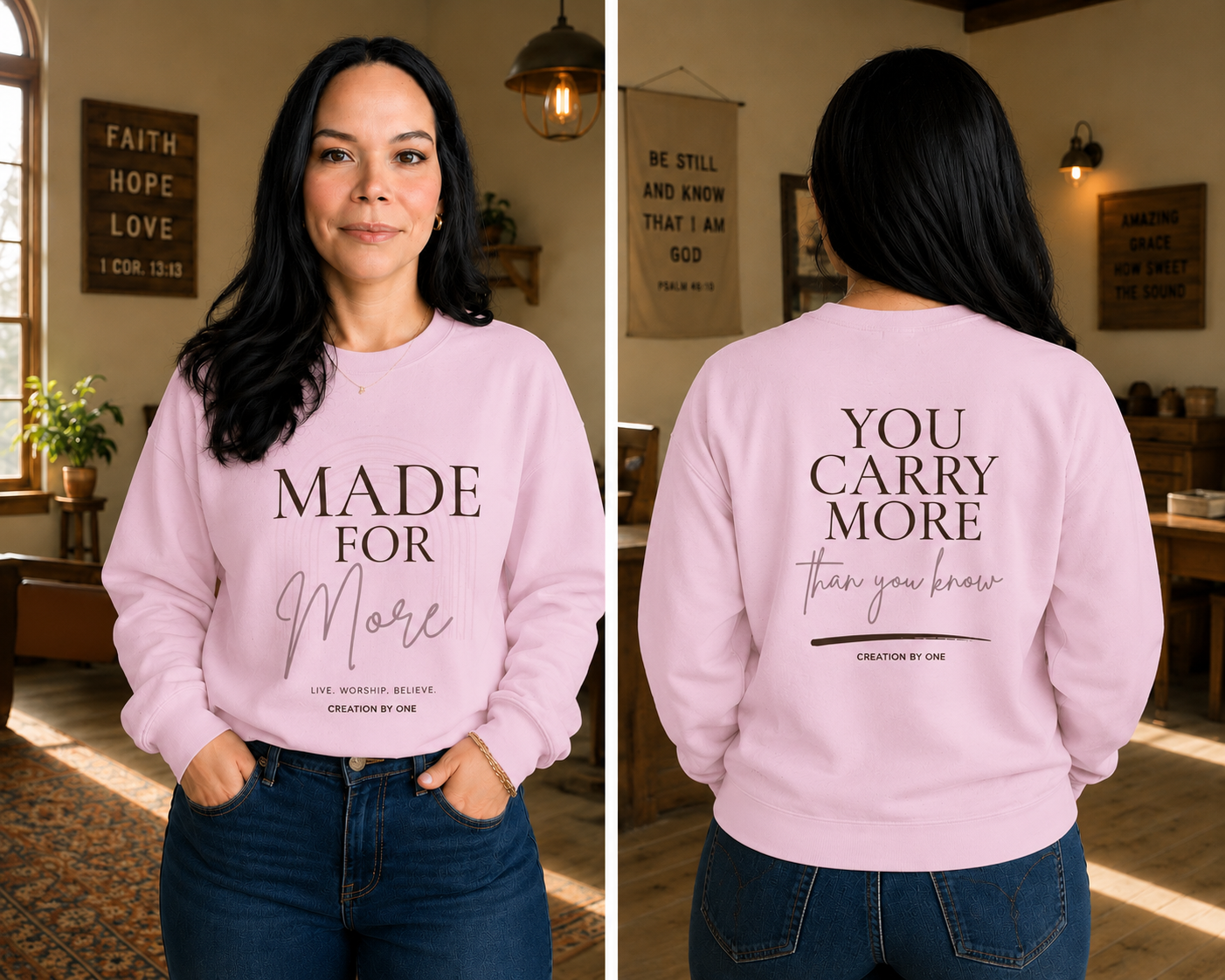 Woman wearing a pink sweatshirt with text on the front and back, standing in a room with decor.