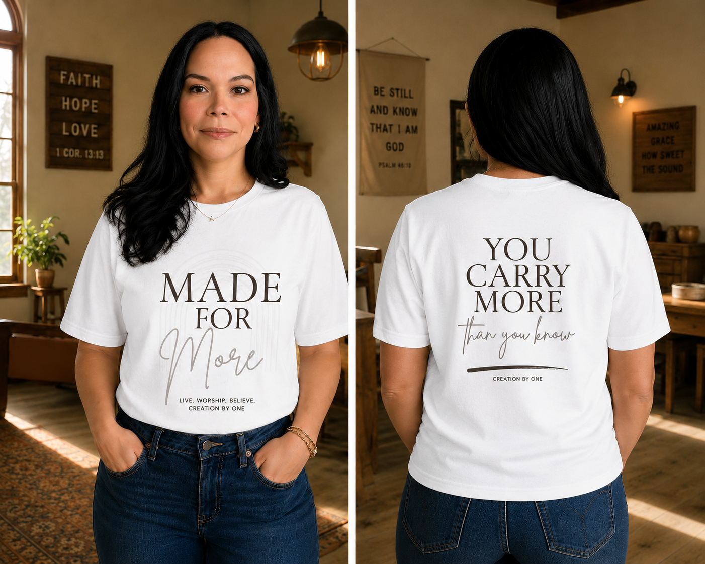 Woman wearing a white t-shirt with text on the front and back, standing in a room with decor.