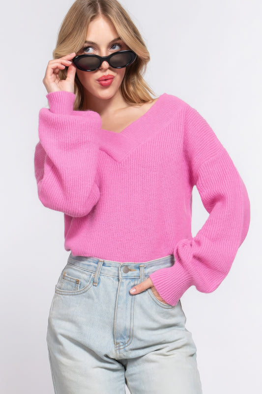 Long Slv Double V-Neck Sweater