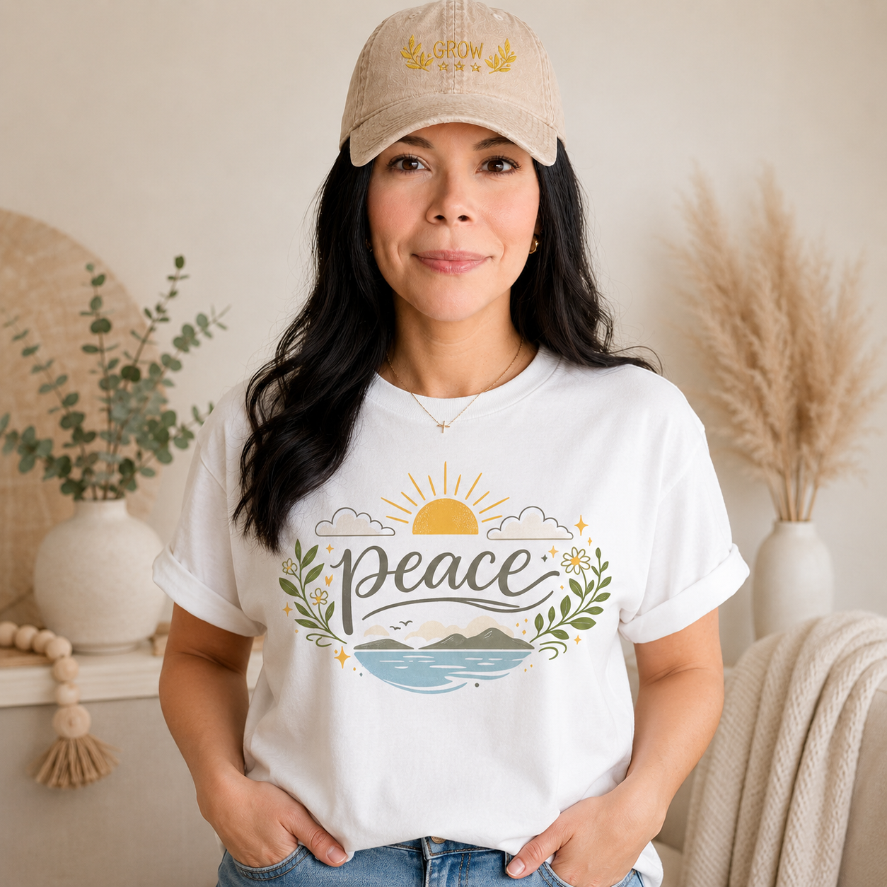 A woman with long dark wavy hair wears a neutral sand-colored graphic T-shirt and a beige baseball cap in a bright modern boho setting. The T-shirt features the word "Peace" in elegant script above a tranquil landscape with a golden sunrise, soft clouds, mountains, blue water, leafy branches, and delicate floral accents. She pairs the shirt with blue jeans and a simple gold cross necklace, standing in front of neutral décor with eucalyptus, pampas grass, and cozy textured accents for a calm, faith-inspired 
