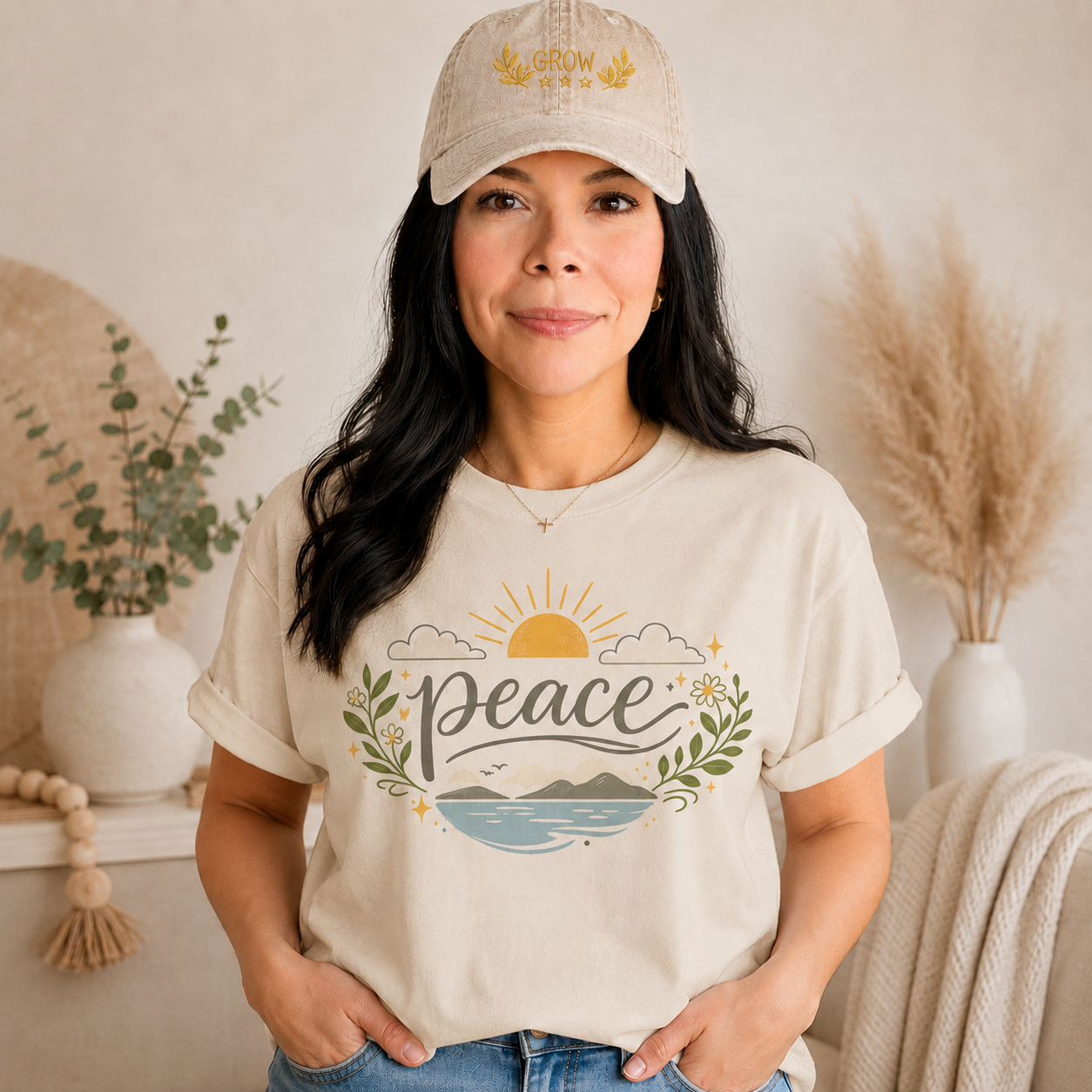 A woman with long dark wavy hair wears a neutral sand-colored graphic T-shirt and a beige baseball cap in a bright modern boho setting. The T-shirt features the word "Peace" in elegant script above a tranquil landscape with a golden sunrise, soft clouds, mountains, blue water, leafy branches, and delicate floral accents. She pairs the shirt with blue jeans and a simple gold cross necklace, standing in front of neutral décor with eucalyptus, pampas grass, and cozy textured accents for a calm, faith-inspired 
