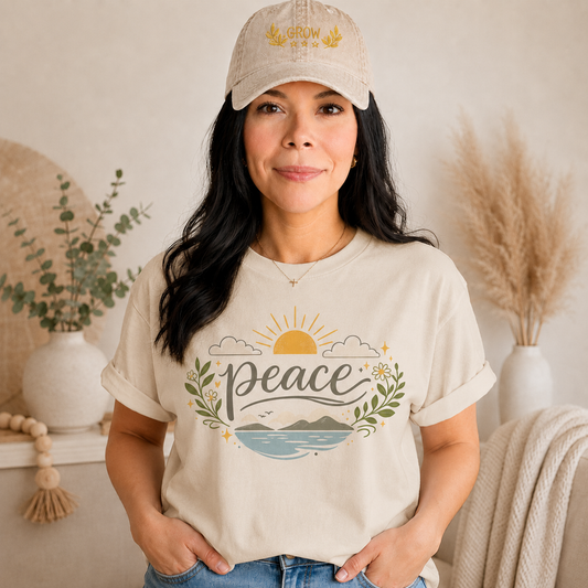 A woman with long dark wavy hair wears a neutral sand-colored graphic T-shirt and a beige baseball cap in a bright modern boho setting. The T-shirt features the word "Peace" in elegant script above a tranquil landscape with a golden sunrise, soft clouds, mountains, blue water, leafy branches, and delicate floral accents. She pairs the shirt with blue jeans and a simple gold cross necklace, standing in front of neutral décor with eucalyptus, pampas grass, and cozy textured accents for a calm, faith-inspired 