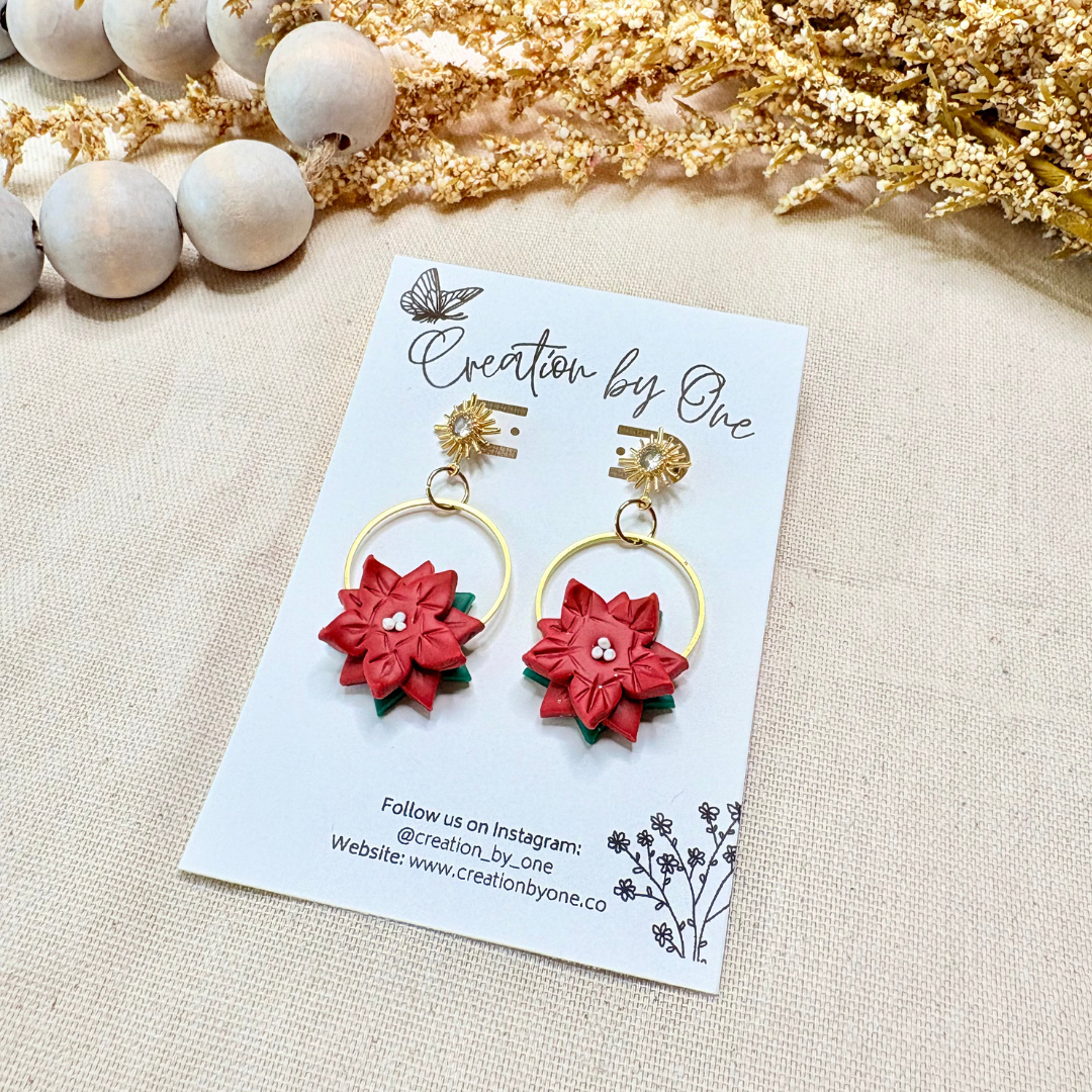 Red poinsettia holiday earrings on gold hoop – lightweight handmade jewelry