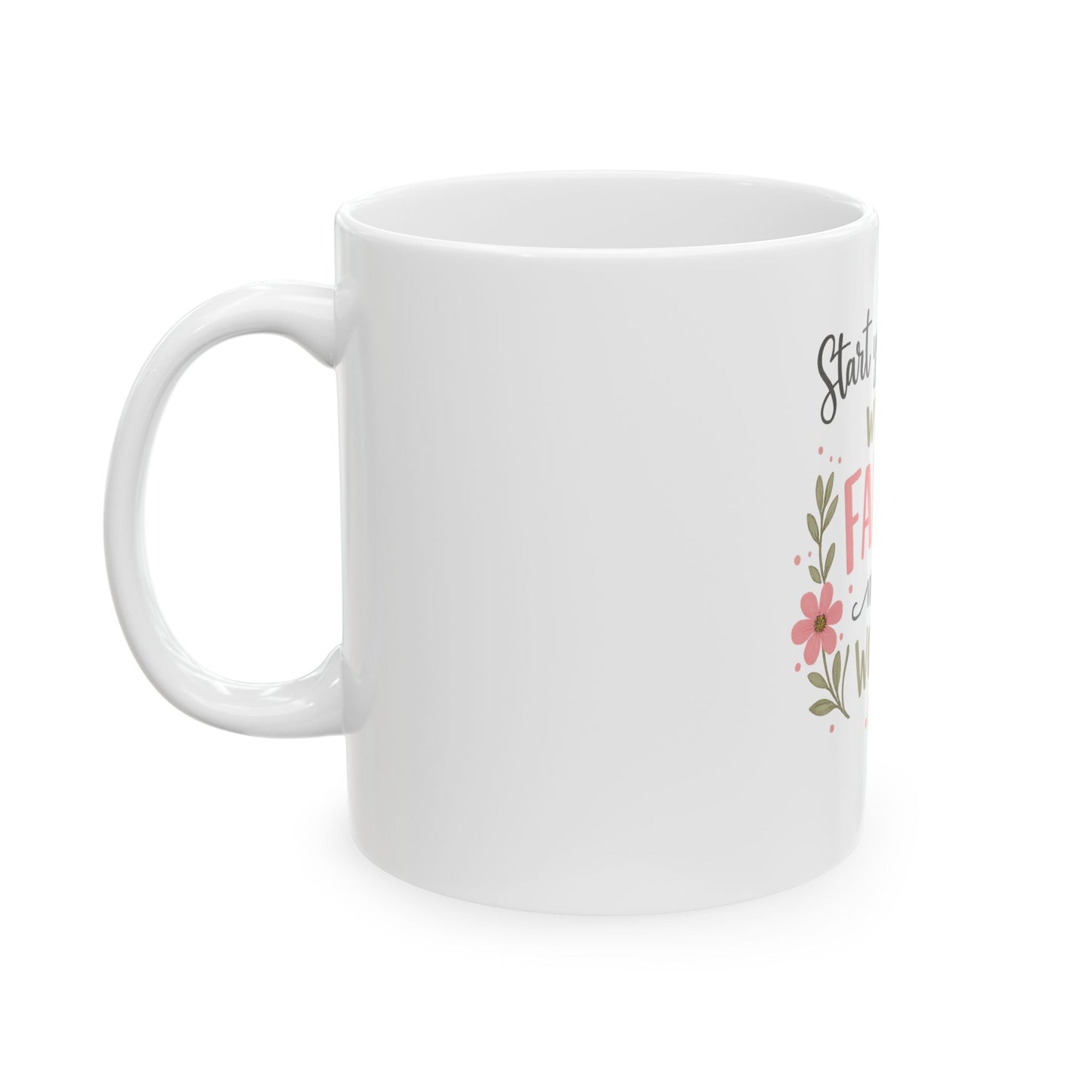 White mug with floral design and text on a white background
