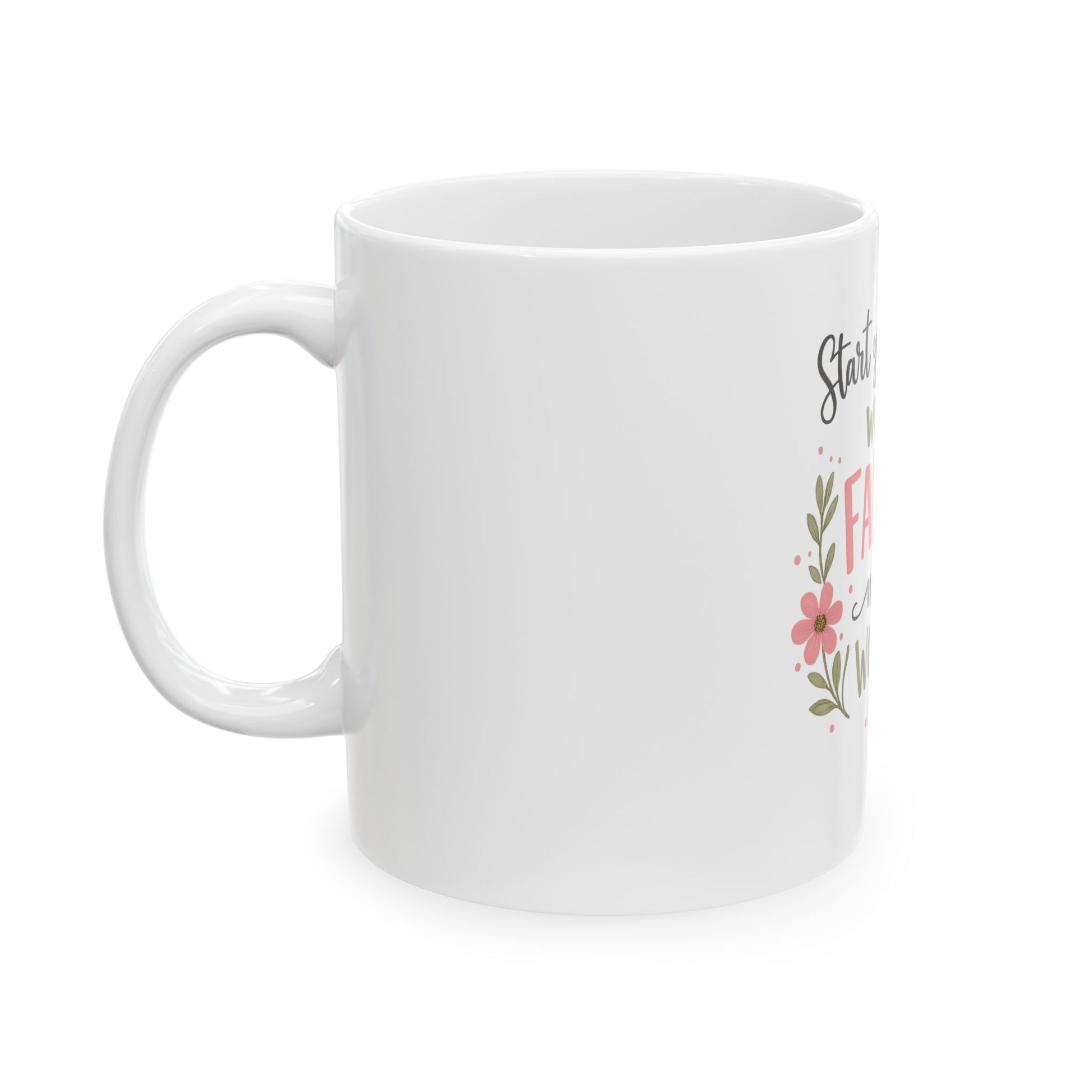 White mug with floral design and text on a white background