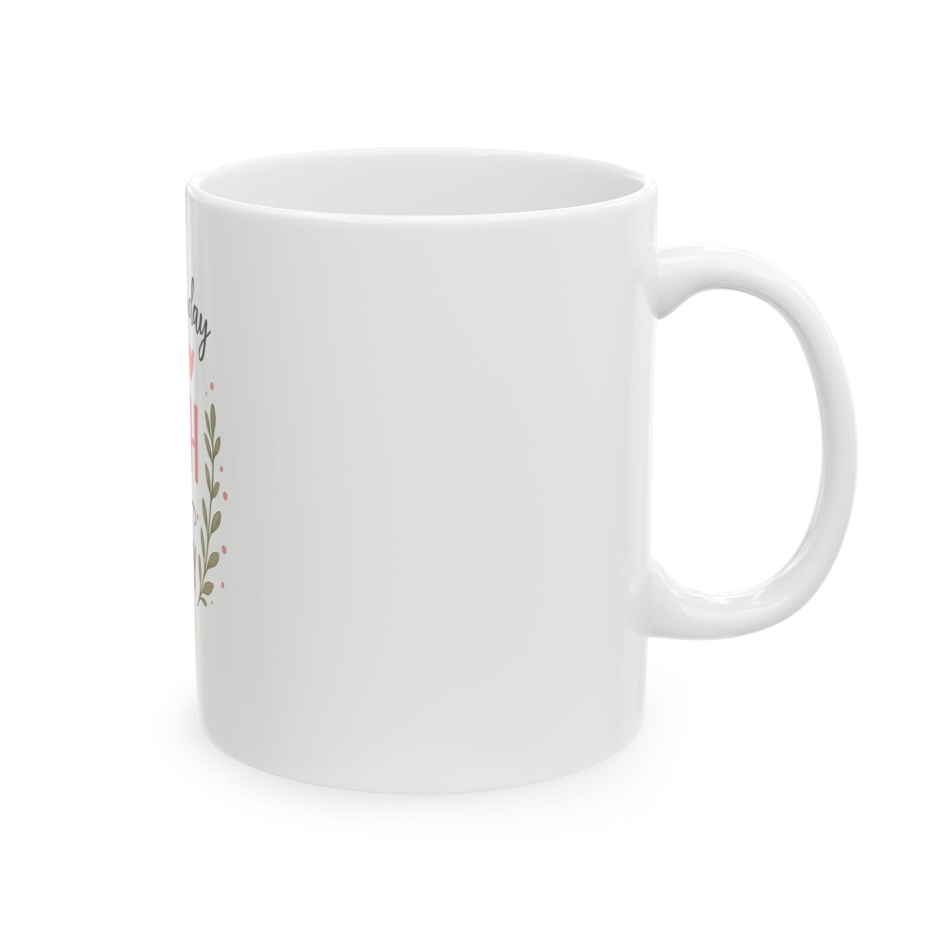 White mug with floral design on a white background
