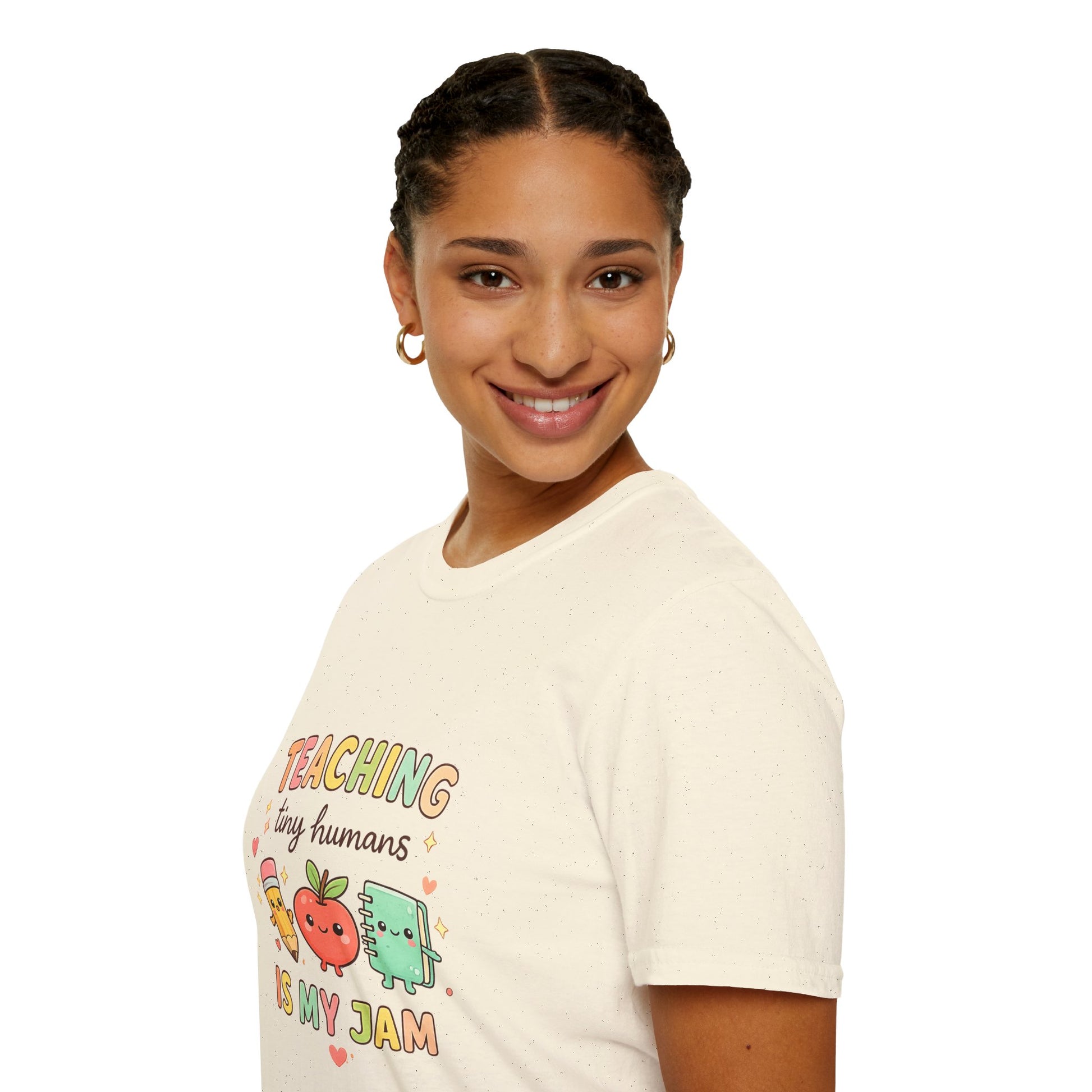 Person wearing a white t-shirt with colorful text and graphics on a white background