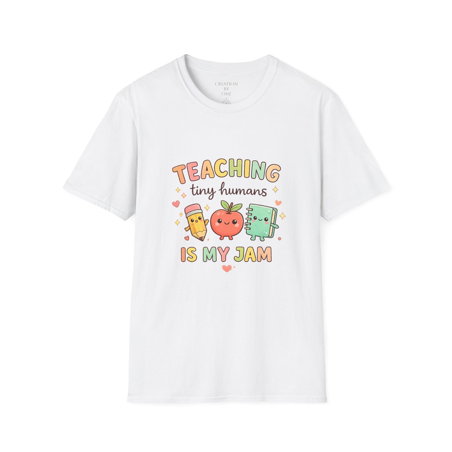 White t-shirt with colorful text and graphics on a white background