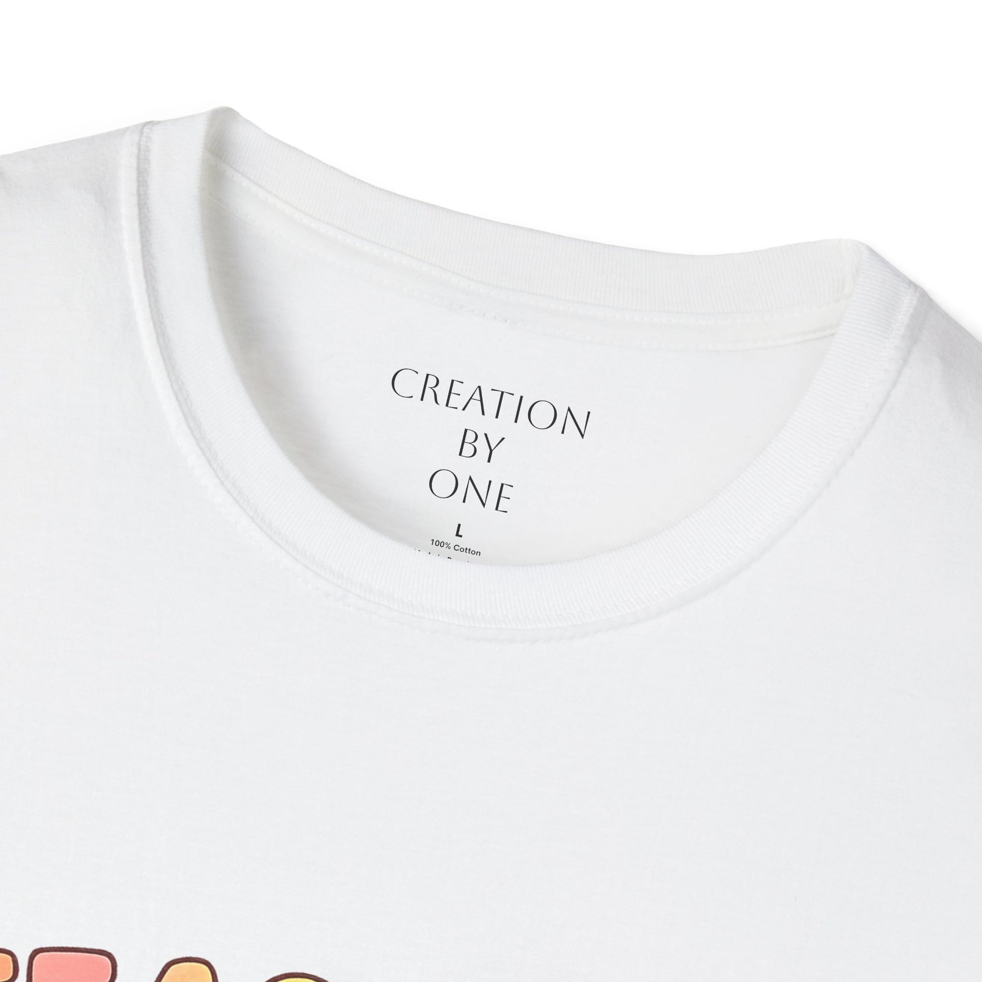 White t-shirt with 'Creation by One' text on a white background