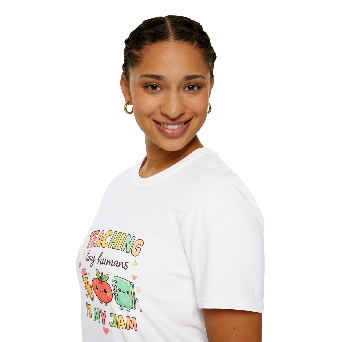 Person wearing a white t-shirt with colorful graphics and text on a white background