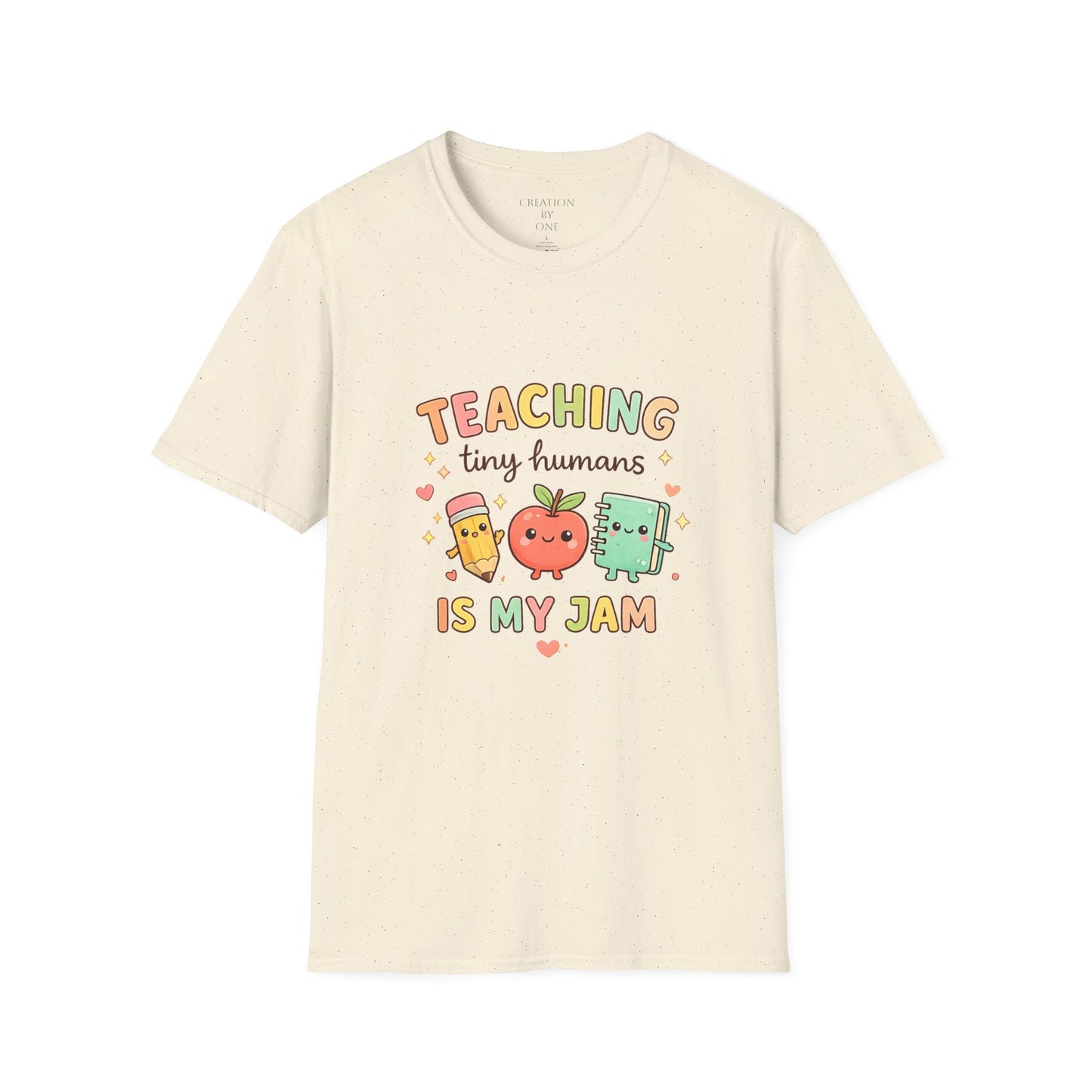 Beige t-shirt with colorful text and graphics on a white background