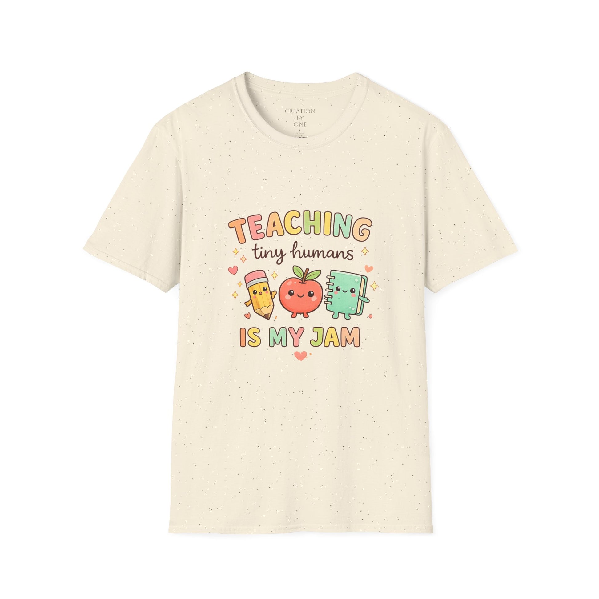 Beige t-shirt with colorful text and graphics on a white background