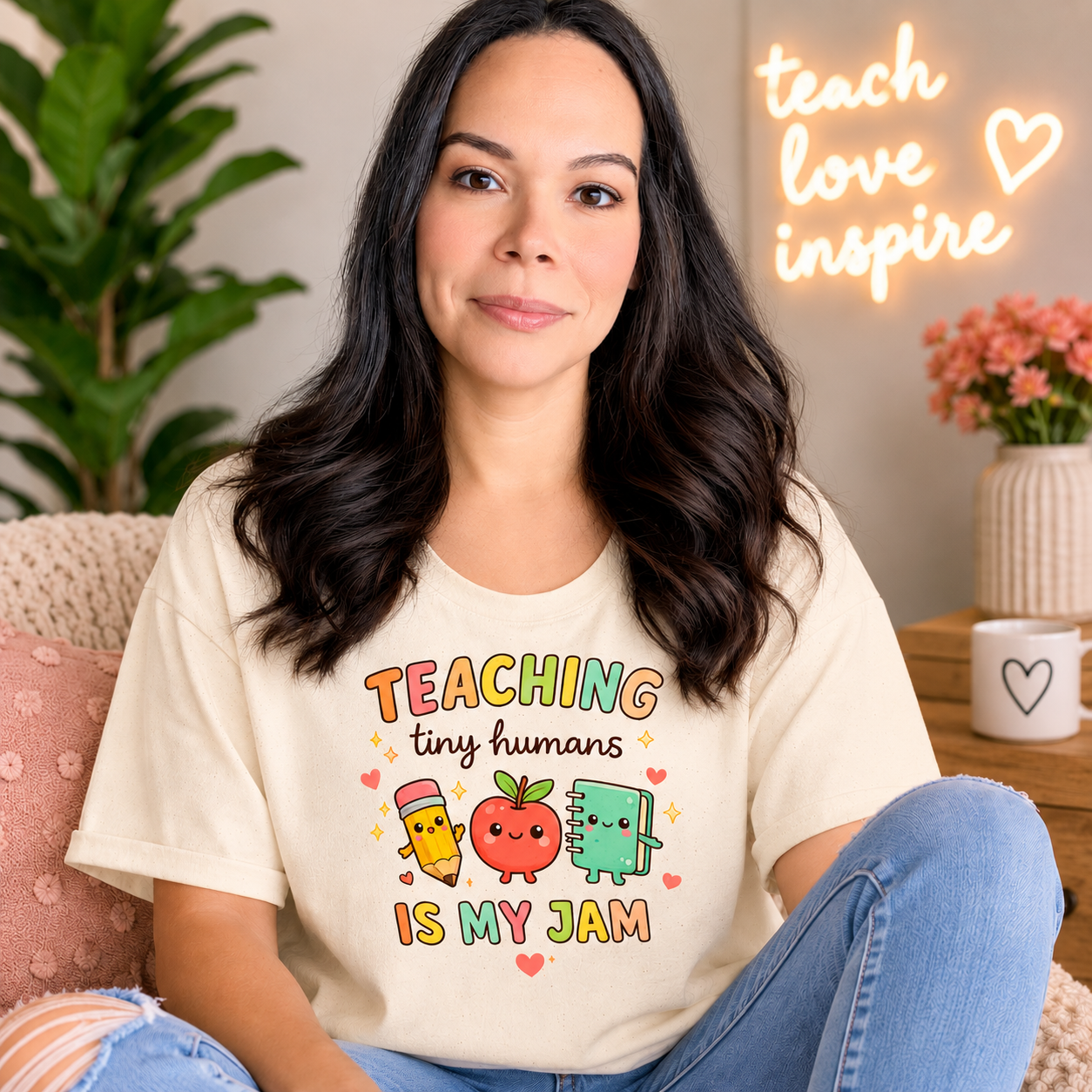 A women wearing a Natural Color T-Shirt that says "Teaching Tiny humans is my am".