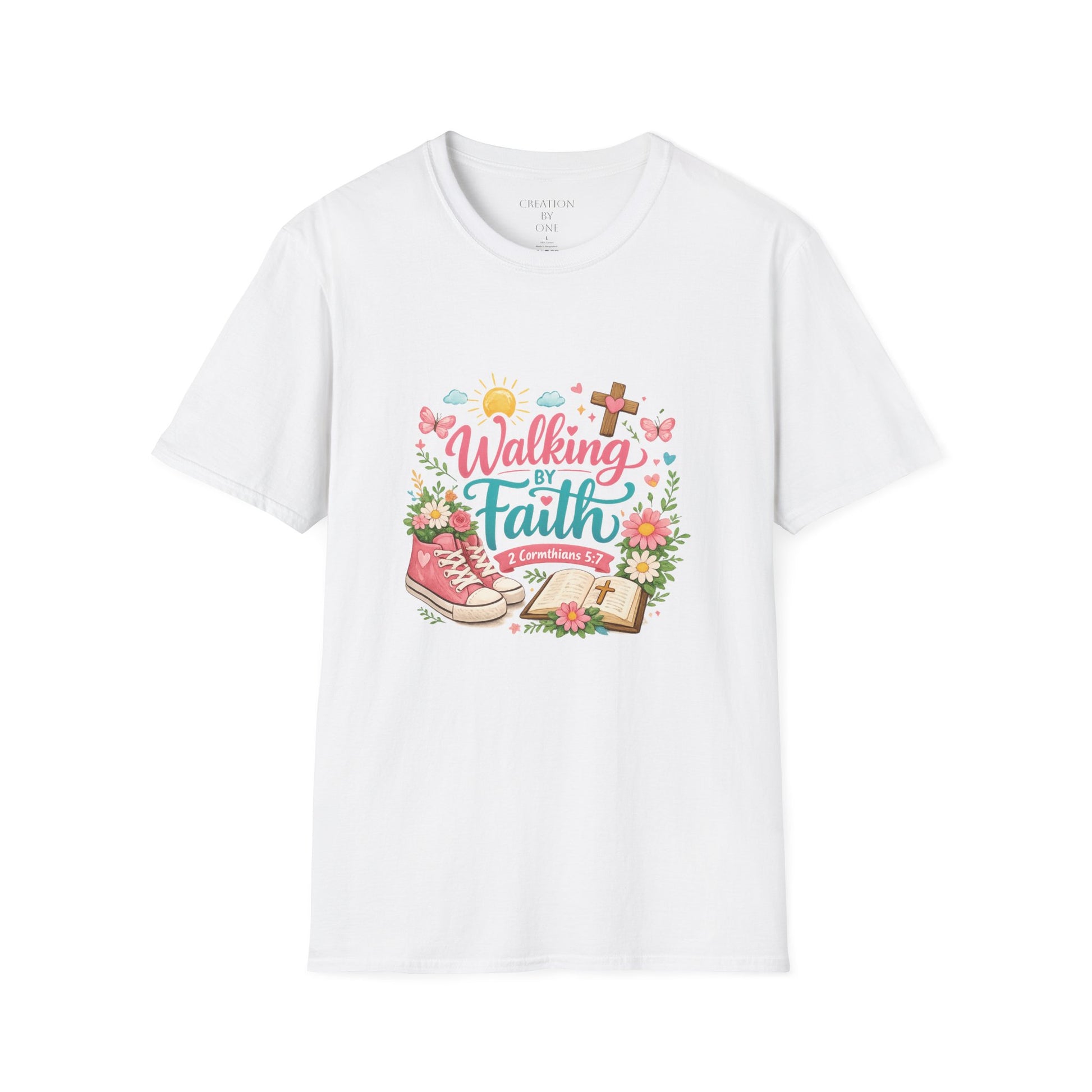 White t-shirt with colorful graphic and text on a white background