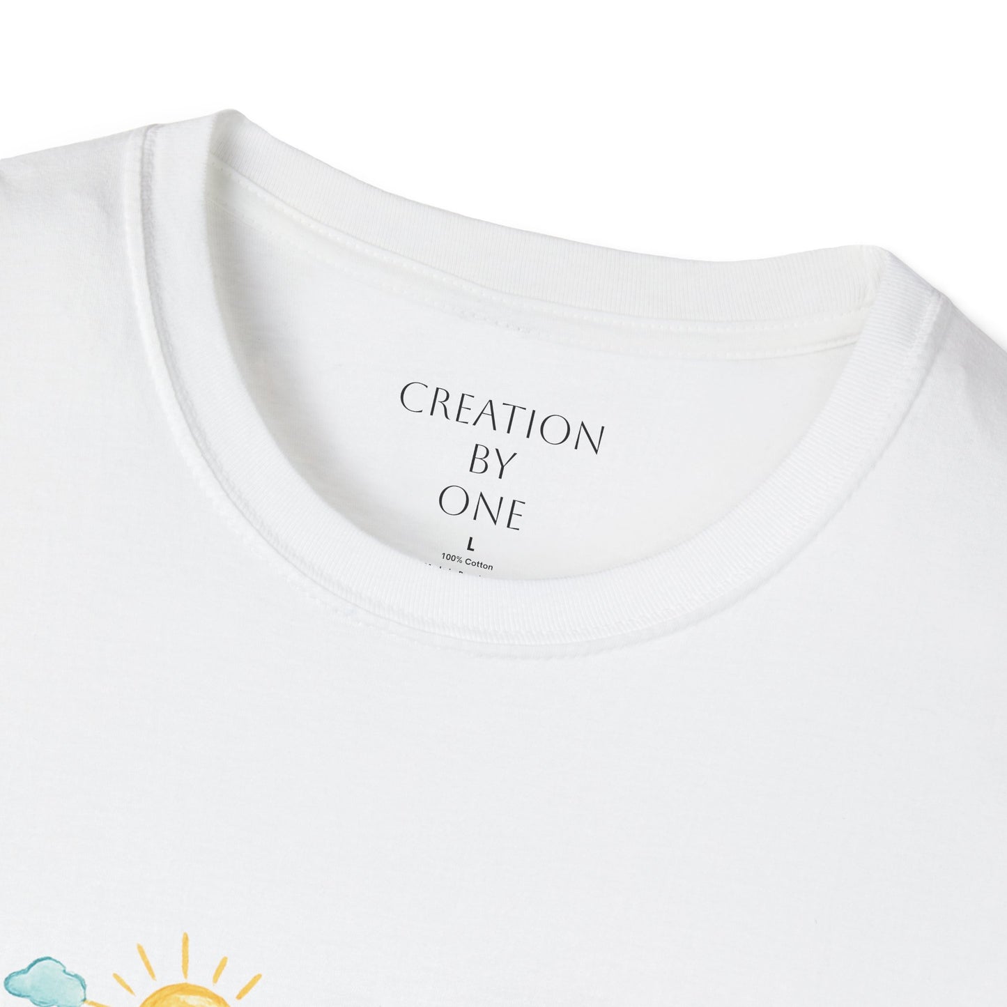 White t-shirt with 'Creation by One' text on a white background
