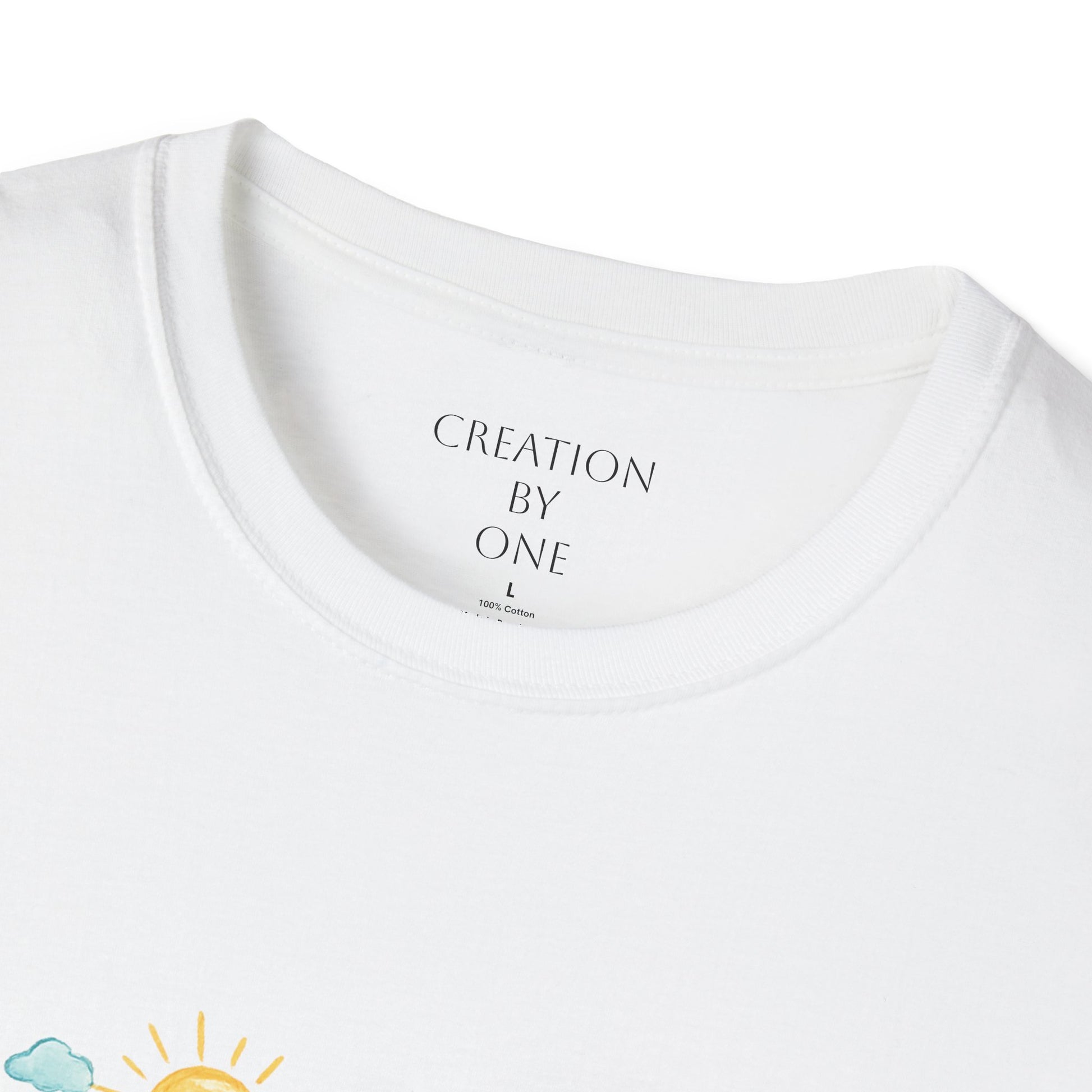 White t-shirt with 'Creation by One' text on a white background