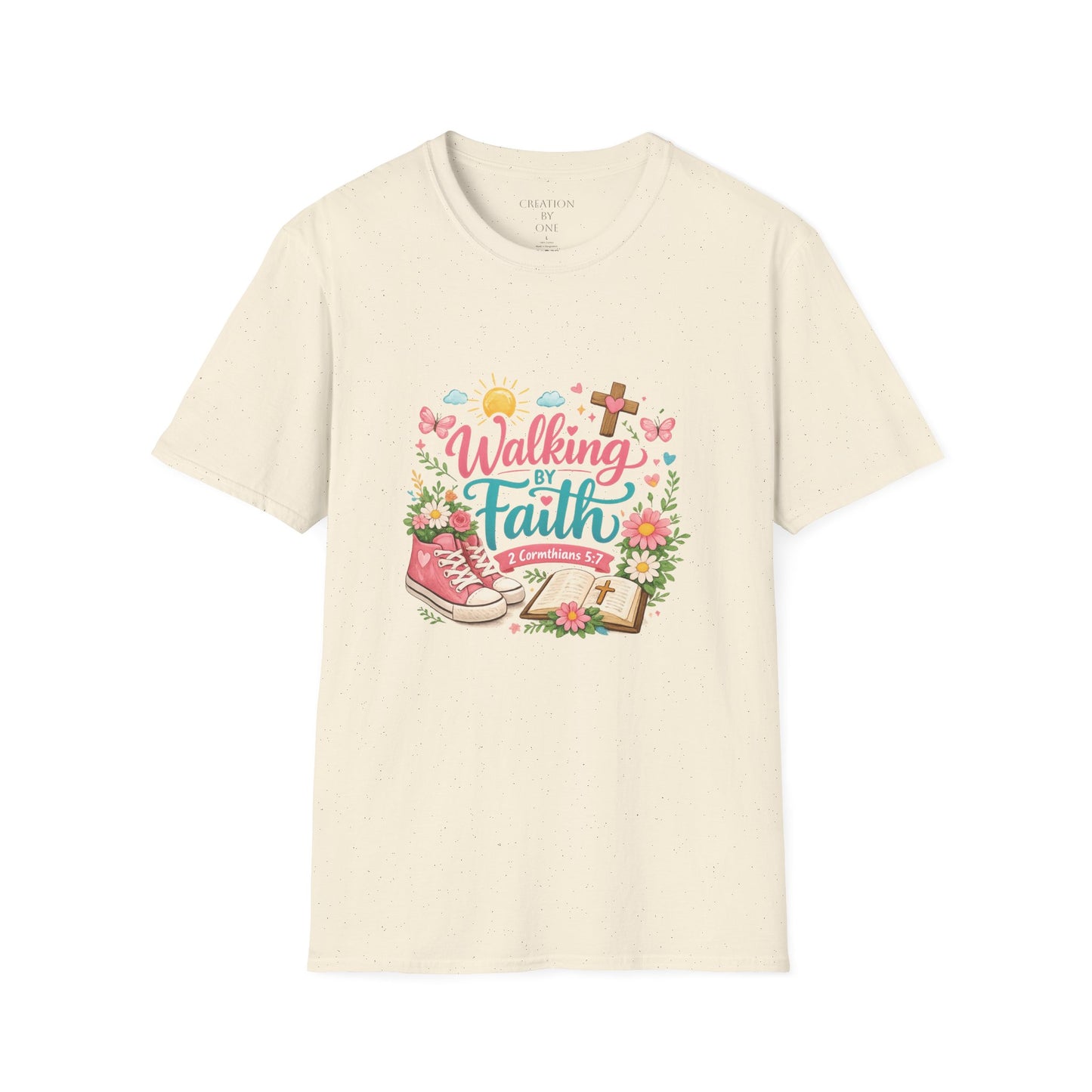 Beige t-shirt with 'Walking in Faith' graphic design on a white background