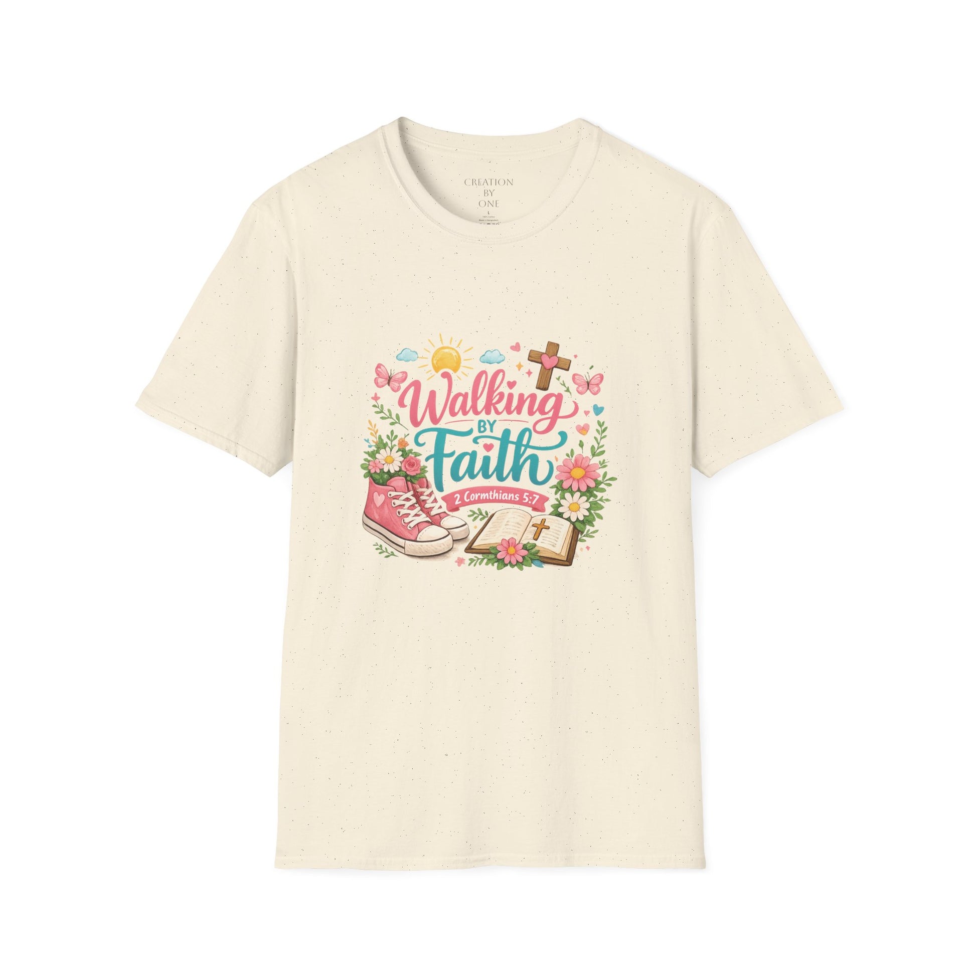 Beige t-shirt with 'Walking in Faith' graphic design on a white background