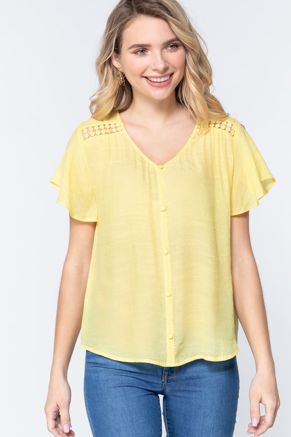 Short Ruffle Slv V-neck Woven Top